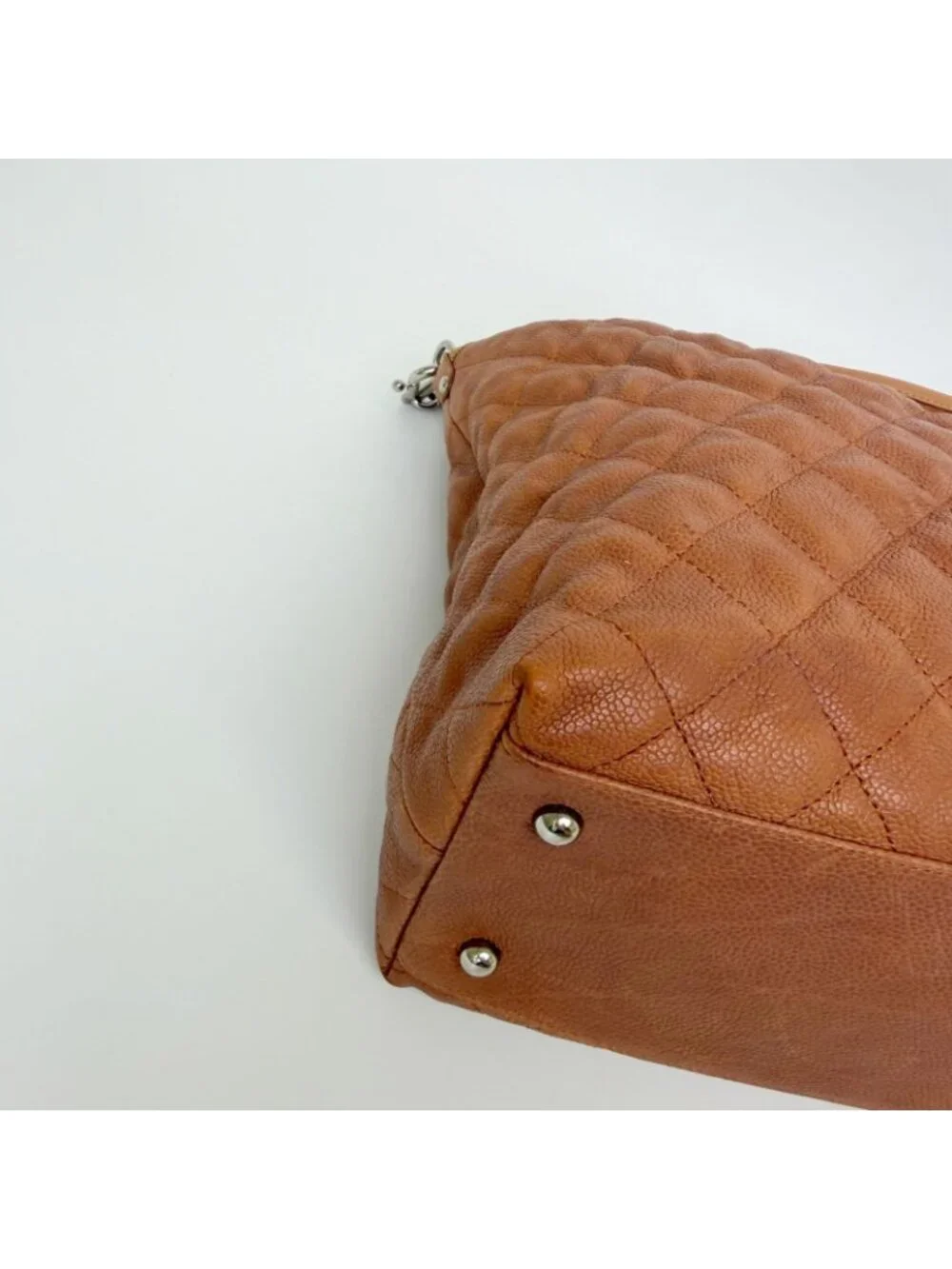Chanel CC Logo Quilted 2-Way Chain Shoulder Bag Caviar Leather Camel Brown Seal